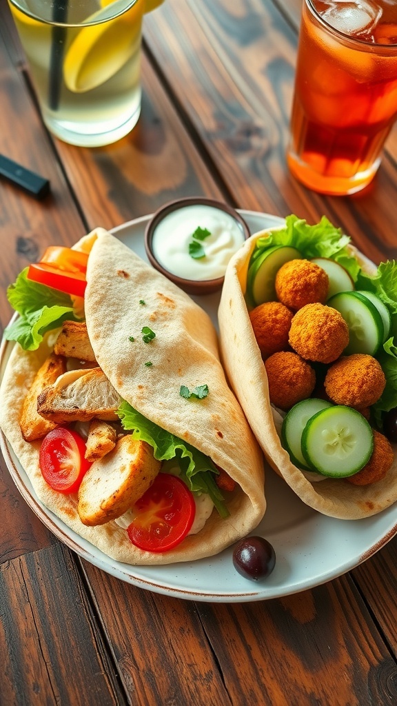Creative Pita Bread Lunch Ideas Two pita breads stuffed with grilled chicken and falafel, served with fresh vegetables and tzatziki sauce.